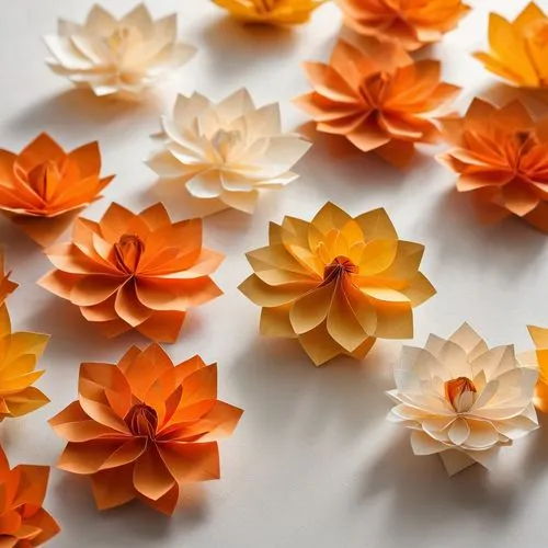 Delicate Origami Marigold, Japanese-inspired, intricately folded paper petals, bright yellow and orange hues, gentle curves, delicate stems, white background, soft natural light, shallow depth of fiel