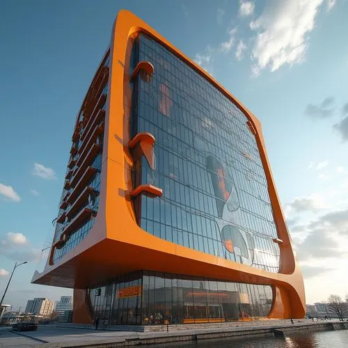 Tangerine orange modern building, futuristic skyscraper, sleek lines, vibrant color accents, glass façade, metallic structure, urban cityscape, sunny day, blue sky, few white clouds, dramatic shadows,