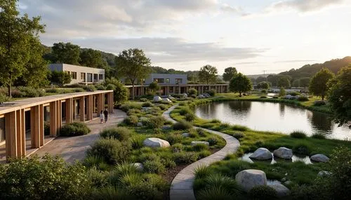 Seamless landscape integration, harmonious coexistence, organic architecture, curved lines, natural materials, reclaimed wood, living roofs, green walls, water features, serene lakeside, lush vegetati