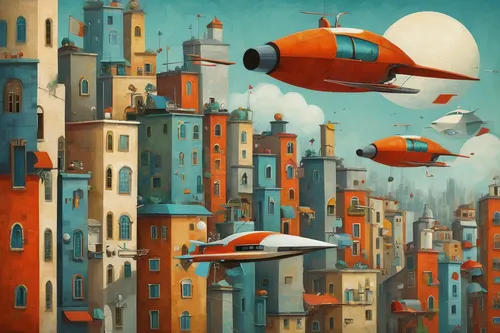 Imagine a futuristic city where flying cruisers transport people above the busy streets.,airships,sci fiction illustration,airship,air ship,futuristic landscape,space ships,air transport,flying object