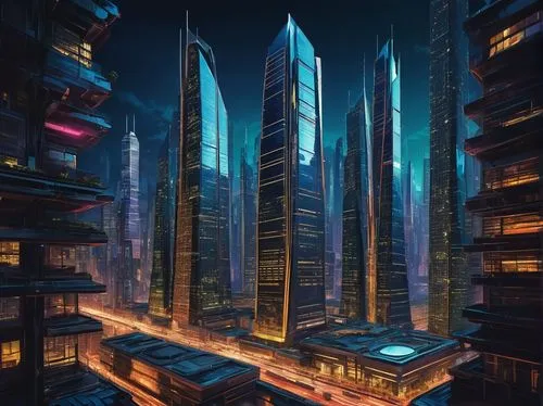 cybercity,metropolis,skyscrapers,cityscape,futuristic landscape,cybertown,coruscant,capcities,urban towers,futuristic architecture,ctbuh,skyscraper,high rises,city at night,skyscraper town,futuristic,dystopian,areopolis,fantasy city,dubai marina,Art,Artistic Painting,Artistic Painting 38