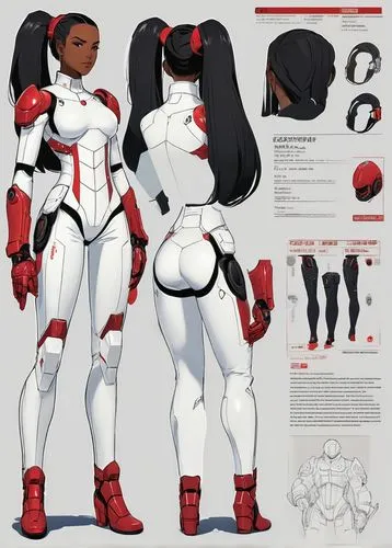 A turnaround character design sheet of a female superhero. Athletic figure. Long black hair in a ponytail. Color: Black and red. Comic book cell-shading style. Full body shot. Character standing front