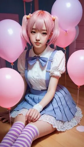 Virtual YouTuber, Joi, solo, (18yo), cute detailed eyes, light blush, twin tails, pastel pink hair clips, lace gloves, white blouse, pleated skirt, striped socks, Mary Jane shoes, sitting, Japanese st