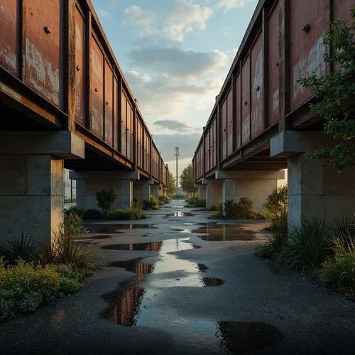 Rustic steel bridges, industrial-era aesthetic, weathered metal textures, warm earthy tones, muted blue-grey hues, rich brown wood accents, natural stone foundations, misty atmospheric effects, soft g