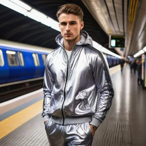 tracksuit,metallic feel,silver,metallic,futuristic,aluminium foil,silver surfer,shoreditch,silvery,foil,aluminium,man's fashion,male model,men's wear,windbreaker,rain suit,bolero jacket,london underground,satin,aluminum foil,Photography,General,Natural