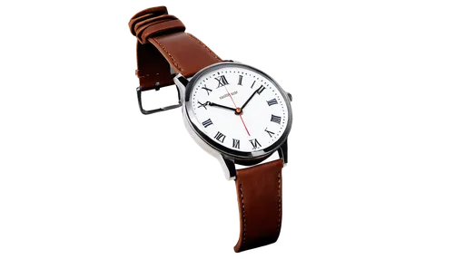 Round analog clock, white face, black Roman numerals, thin hour hands, thick minute hand, ticking sound effect, shiny metal rim, brown leather strap, worn out buckle, slight scratches, warm lighting, 