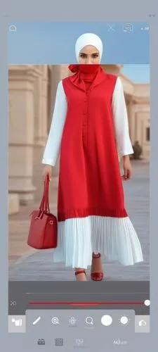 3d fashion drawing of women red dress fashion Muslim hijab with the pelisee and pleats on the end of dress with Red with bottoms ,the woman is in a red dress with white ruffled bottom,bloxom,lenderman