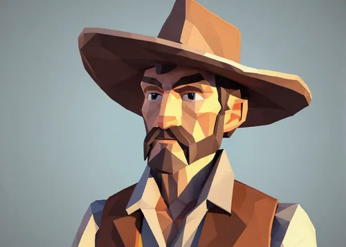 stetson,pilgrim,gunfighter,drover,old man,merchant,indiana jones,vector illustration,gentleman icons,a carpenter,medic,vendor,vector art,cowboy,man portraits,sheriff,fiddler,low poly,western,the wanderer,Unique,3D,Low Poly