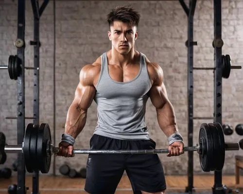 Muscular man, Shota, athletic build, dumbbells in hand, intense gaze, short spiky hair, sweat drips down forehead, ripped sleeveless shirt, sporty shorts, strong legs, standing pose, gym background, s