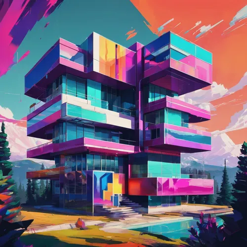 Create a modernist building inspired by nature.,cubic house,colorful city,cube house,apartment block,80's design,modern architecture,apartment building,apartment complex,apartments,sky apartment,cubic