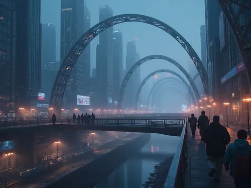 the loop,chongqing,atmospheres,blue hour,chicago night,harbin,arcology,chicago,futuristic landscape,futuristic architecture,quayside,veil fog,foggy,harbour city,foggy day,long exposure,the fog,skybridge,shangai,wave of fog,Photography,General,Realistic