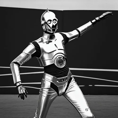 Black and white photo of C-3PO dancing, up-rocking, wearing an adidas track suit top with stripes on the back, in a dynamic pose, but his eyes made from pure white light, against a dark background, hi