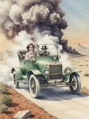 witch driving a car,steam car,jalopy,illustration of a car,humphreville,dustbowl,Illustration,Vector,Vector 19