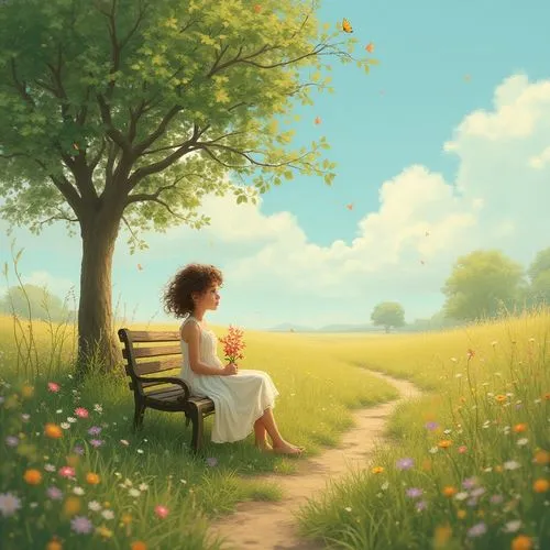 springtime background,idyll,summer day,park bench,spring background,quietude,summer meadow,girl with tree,daydreaming,restful,spring morning,landscape background,meadow,girl lying on the grass,bench,daydreamer,children's background,dandelion meadow,dandelion field,dandelion background,Photography,General,Realistic