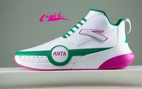 Sock upper, leather heel spine, stitched logo on vamp, circle patch with ANTA name logo, custom rubber sole with gel inlay, gel trim around toe line, all white, with magenta and emerald green accent c