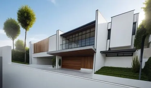 diseño exterior de un residencia minimalista, con un ventanal de cristal en la parte superior del acceso, muros de concreto en color blanco, colores neutros, canales de acero en losa, madera en duela 