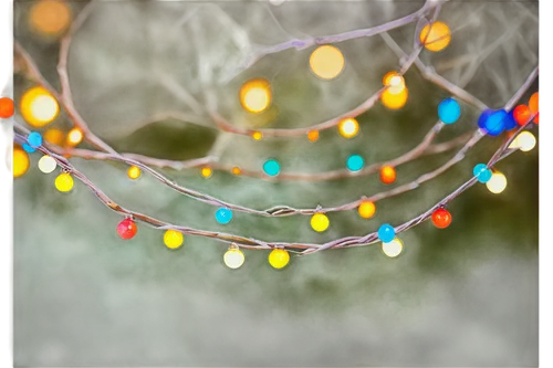 Christmas decoration, colorful twinkling lights, stringed fairy lights, wrapped around tree branches, shining bright, soft glow, festive atmosphere, 3/4 composition, warm color tone, bokeh effect, blu