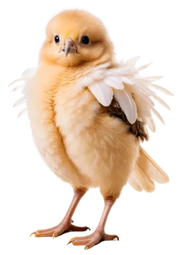 Transparent chick, white feathers, fluffy wings, cute beak, bright curious eyes, standing posture, slight tilt head, yellow legs, soft morning light, shallow depth of field, warm color tone, cinematic