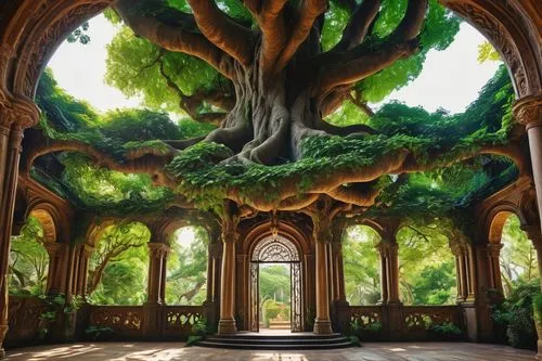 Baroque architecture, grand entrance, ornate decorations, intricate carvings, majestic pillars, symmetrical structure, vibrant stained glass windows, lush greenery, giant ancient tree, twisted branche