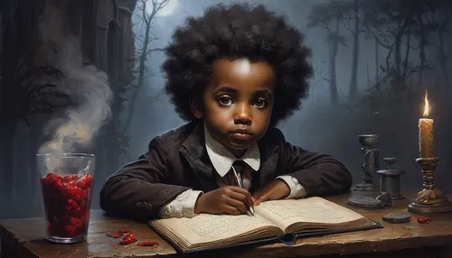 child with a book,afro-american,child portrait,novelist,scholar,afro american,little girl reading,black professional,afroamerican,little blacks,hushpuppy,black businessman,oil painting on canvas,gothic portrait,child's diary,meticulous painting,sci fiction illustration,kids illustration,author,art painting,Conceptual Art,Fantasy,Fantasy 29