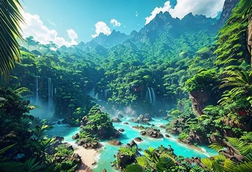 Moutain rage full of tropical forest, blue sky,oasis,tropical jungle,jungle,underwater oasis,rainforest,tropical island,lagoon,green valley,ravine,forests,fractal environment,landscape background,vall