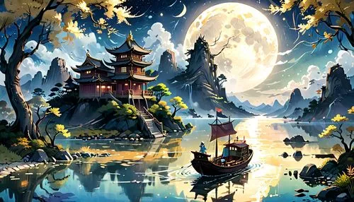 fantasy landscape,fantasy picture,landscape background,mid-autumn festival,boat landscape,dragon boat,world digital painting,japan landscape,fantasy art,dream world,fantasy world,magical adventure,fairy world,monkey island,oriental painting,forbidden palace,golden pavilion,autumn scenery,cartoon video game background,fairy village,Anime,Anime,Traditional