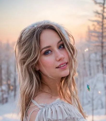 The middle half of a vibrant and radiant caucasian girl gazes out at the bright lights of Aspen in a breathtaking scene. She wears a beautiful silver dress that flows gently in the breeze, casting a w