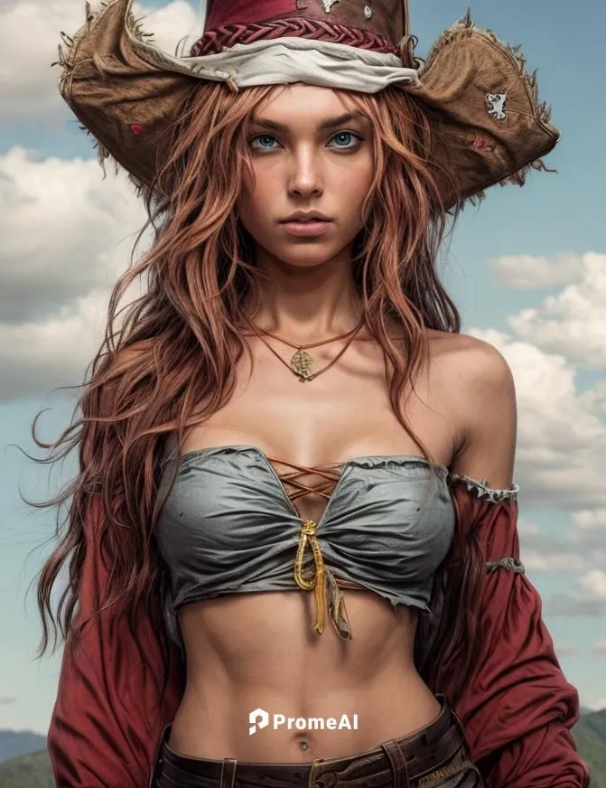 pirate girl posing in a full-length standing pose,the hat-female,leather hat,fae,fantasy portrait,the hat of the woman,fantasy woman,pirate,wood elf,female warrior,mara,sorceress,fantasy art,elza,the 