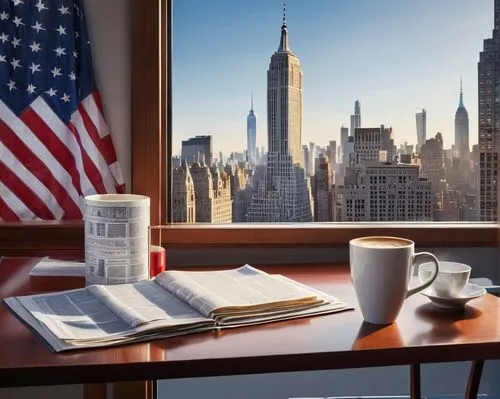 Modern architecture magazine, USA edition, wooden desk, scattered papers, architectural models, blueprints, coffee cup, silver pen, American flag, New York cityscape, skyscraper background, morning li