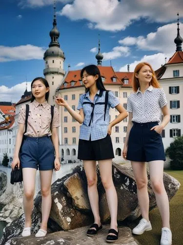 Three female Asian tourists in Sigmaringen in glorious summer weather with a deep blue sky.,a couple of s standing next to each other,český krumlov,czechs,rothenburg of the deaf,bavarians,transylvania