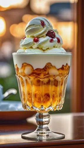 mandarin sundae,trifle,sundae,knickerbocker glory,syllabub,clotted cream,crème anglaise,sundaes,crème brûlée,viennese cuisine,pannacotta,rum baba,espresso con panna,baked alaska,crème fraîche,queen of puddings,mango pudding,vanilla pudding,creme brulee,foot in dessert,Photography,General,Realistic