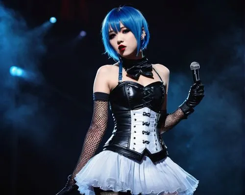 Kazara, visual kei, Japanese idol, 18yo, short blue hair, straight bangs, bright blue eyes, pale skin, cute nose, bold red lips, lace gloves, fishnet stockings, black leather boots, white corset, plea