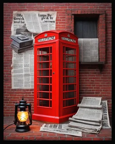 复古电话亭旧报纸红砖墙煤油灯,the light is on beside a bright red telephone booth,newspaper box,newsstand,newspaper delivery,newsstands,phone booth,letter box,Illustration,Retro,Retro 04