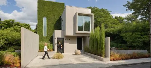 CASA ESTILO MINIMALISTA UBICADA, COMBINANDO LOS COLORES VIBRNTES DE LA ARQUITECTURA MEXICANA Y LA PIEDRA DE RECINTO,  EN UN FRACCIONAMIENTO CON VEGETACIÓN EXUBERANTE, PERSONAS,ARBOLES, PALMERAS, CORRE