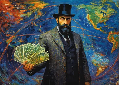 Imagine a futuristic setting where a renegade dinar guru fights against a corrupt government regime controlling global currencies.,rasputin,rabbi,vincent van gough,magician,twenties of the twentieth c