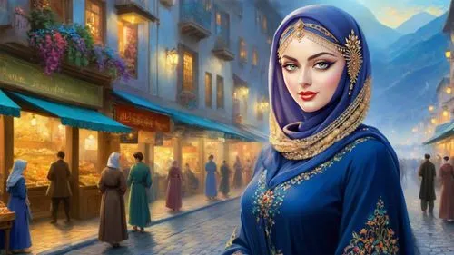 Romantic masterpiece oil painting, beautiful girl portrait, abaya dress, nostalgic 1950's style kitsch, breathtaking beautiful epic vast landscape, majestic scenery, street bazaar, highly detailed, hi