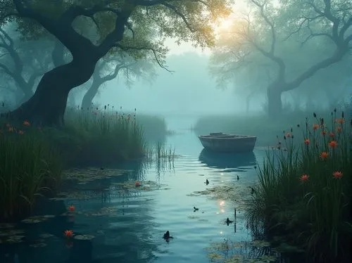 Wetland scenery, Prussian blue water, misty atmosphere, lush green vegetation, twisted tree branches, foggy morning, soft lighting, shallow water reflection, ripples on the surface, wooden dock, rusty