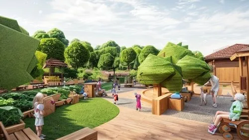 a children's park, trees, people, playing, hex bvock pavement, grass, brick walls, wooden benches,popeye village,play area,children's playhouse,cartoon forest,fairy village,children's playground,3d re