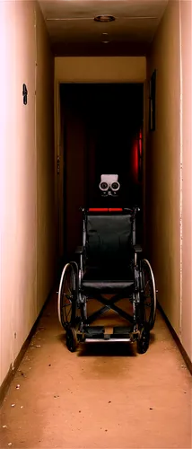 Creepy atmosphere, dark abandoned asylum, eerie corridor, broken wheelchair, old hospital equipment, dim red light, sudden loud scream, jump scare sound effect, sharp shadows, 3/4 composition, low-ang