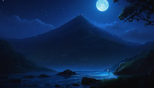 moonlit night,moon and star background,moonlight,moonlit,fantasy landscape,blue moon,lunar landscape,nightscape,night scene,blue mountain,mountain world,mountain,landscape background,mountain landscape,moon and star,mountain scene,mountains,mountainous landscape,moonrise,moonscape,Conceptual Art,Sci-Fi,Sci-Fi 12