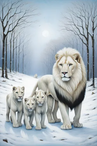 white lion family,lionesses,lion children,white lion,male lions,lion father,lion white,lions,winter animals,lions couple,big cats,the mother and children,harmonious family,cat family,mother and children,panthera leo,families,the dawn family,oil painting on canvas,three kings,Illustration,Abstract Fantasy,Abstract Fantasy 17