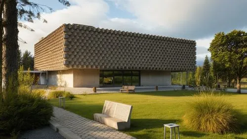 photo realistic, concrete, glass, vehicles, building with lights, metal brown building texture,the front of a building with a white bench near it,adjaye,koolhaas,gulbenkian,nainoa,soumaya museum,hejdu