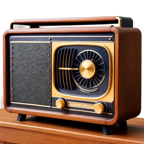 Retro radio, wooden cabinet, old-fashioned knobs, golden metal accents, rounded edges, vintage style, nostalgic atmosphere, morning light, soft focus, shallow depth of field, warm color tone, 3/4 comp