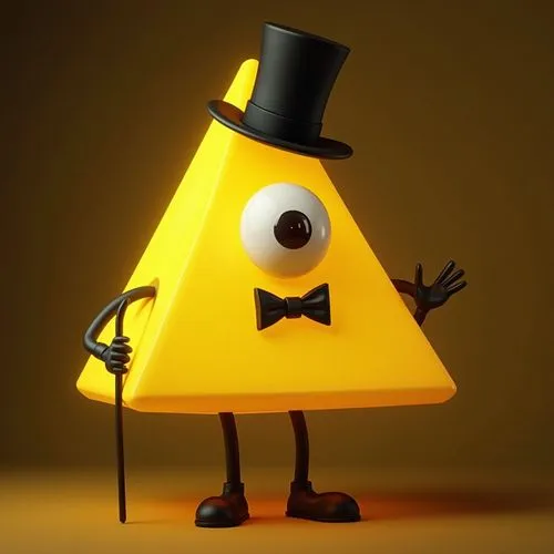 Glowing yellow flat pyramid Bill cipher with huge white eye ball with small pupil with black legs and black arms in a black bow tie and floating tall top hat holding a black cane,a yellow triangle wit