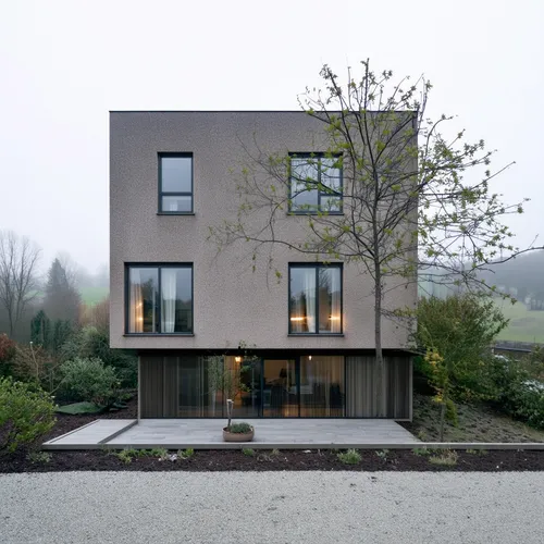 1building,a building with three large windows is shown,passivhaus,dunes house,architektur,residential house,architectes,modern house,cubic house,cohousing,cantilevered,timber house,reclad,house heveli