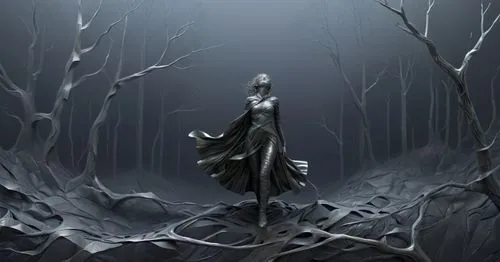 a painting with a woman walking across a forest,mirkwood,isoline,patronus,slender,wodrow,forest dark,Photography,Artistic Photography,Artistic Photography 11