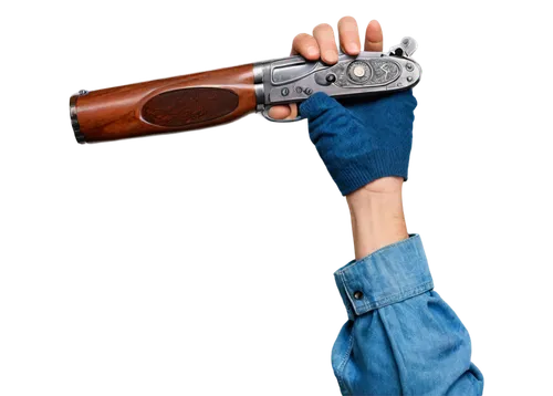 A masculine hand, holding a wooden shotgun, loading shell, close-up of fingers, realistic texture, detailed wrinkles, worn denim shirt, silver watch, morning light, shallow depth of field, cinematic c