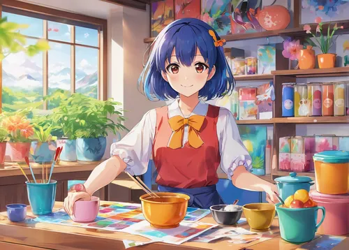 watercolor cafe,watercolor tea shop,kitchen shop,kitchen,cafe,flower shop,girl in the kitchen,pouring tea,bakery,cookery,teatime,sonoda love live,café,tearoom,doll kitchen,strawberry,big kitchen,kitchenware,star kitchen,flower stand,Illustration,Japanese style,Japanese Style 03