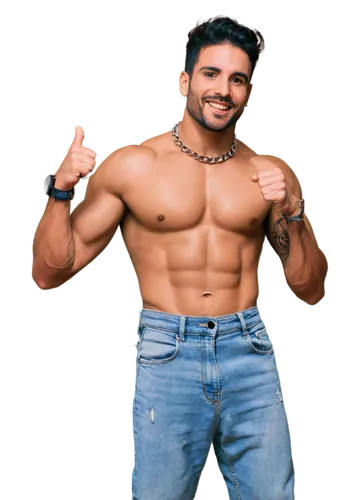 Muscular Latino man, shirtless, ripped jeans, silver chain necklace, tattoos on arms, messy black hair, stubble, smizing eyes, seductive smile, dancing, hip movement, slow motion, low-key lighting, sh