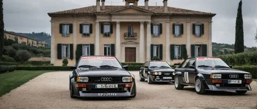 Collection matte black Audi Quattro, classic B-group rally cars, located in Tuscany Italy on a driveway with in the background a neoclassical villa,carabinieri,lancia,piaggio ape,villa d'este,fiats,ca